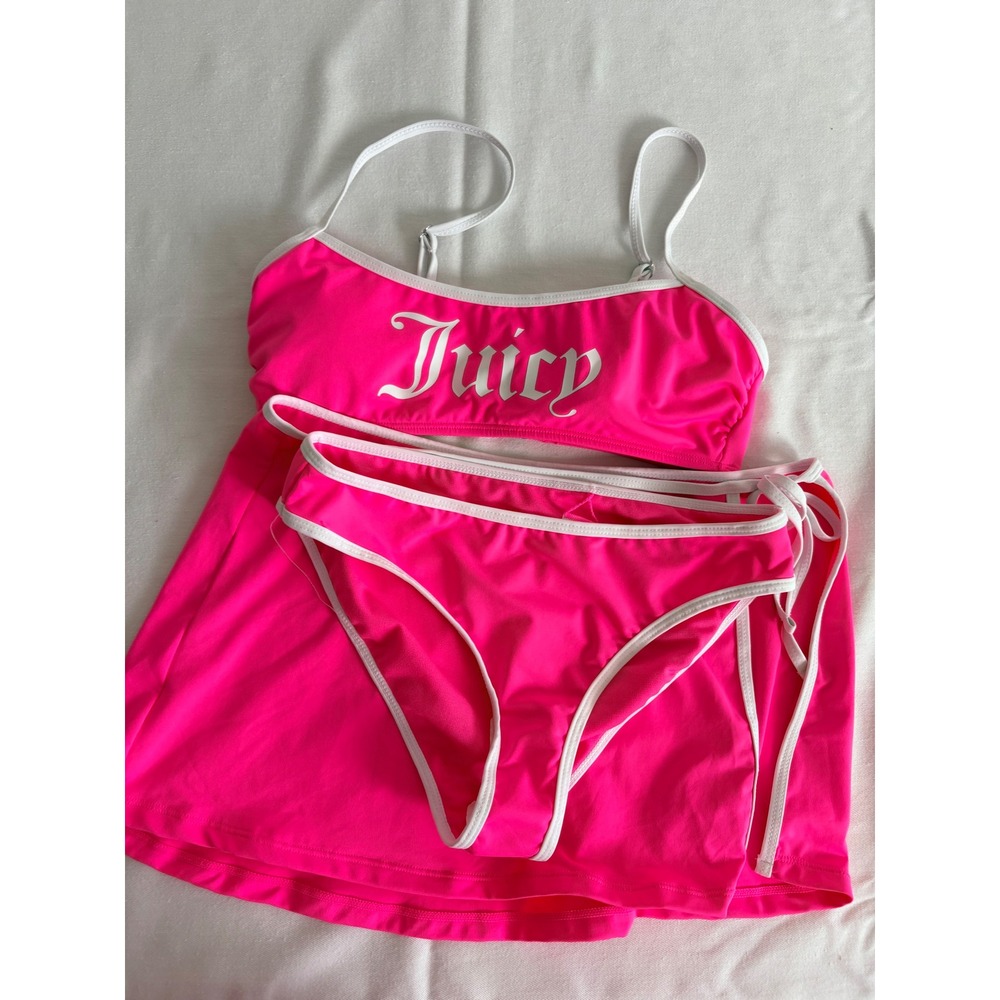 Juicy Couture 3pc Bikini Set Small Pink New Contrast Binding Bralette Skirt